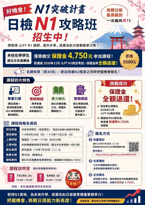 2026年「日檢 N1 攻略班」即日起受理報名公告圖片